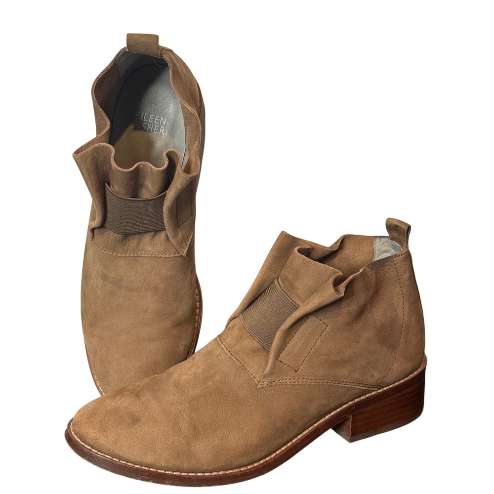 Eileen Fisher Ankle Boots Womens 7.5 Brown Nubuck Leather Block Heel Pull On